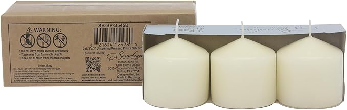 Stonebriar 3 Pack Tall 3 x 3 Inch 18 Hour Long Burning Unscented Ivory Wax Pillar Candles