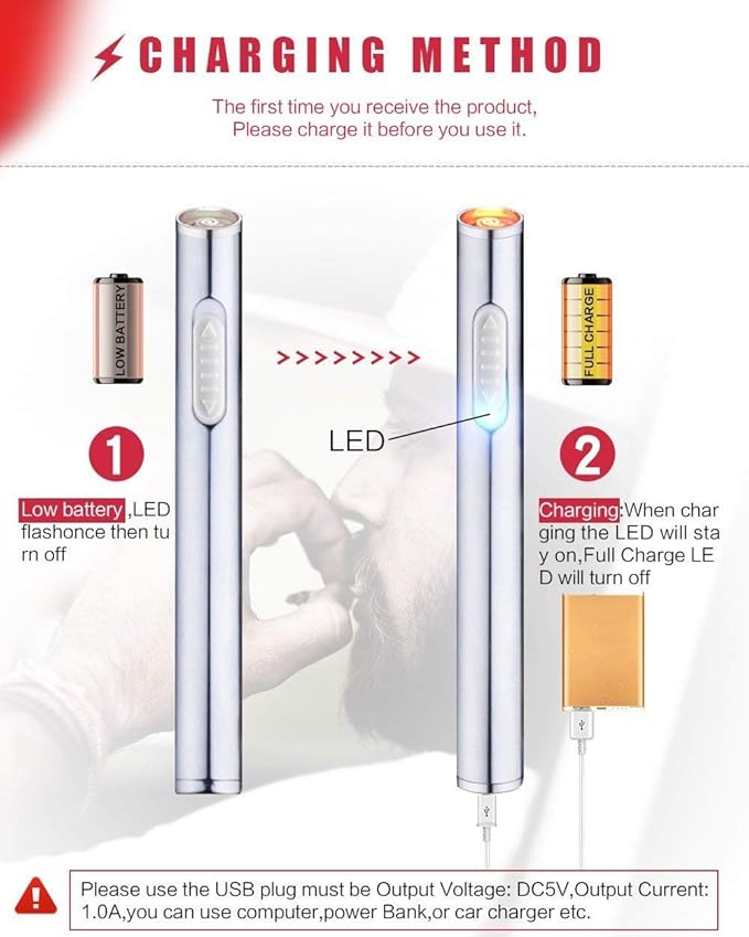USB Mini Lighters Electronic Rechargeable Windproof Flameless Portable Cigarette Slim Lighter (Silver)