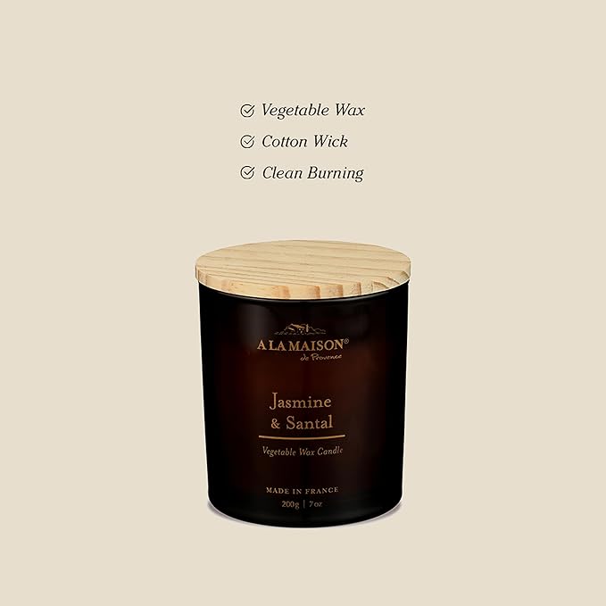 A LA MAISON Scented Candle – Jasmine & Santal – Natural Candle with Cotton Wick in Luxury Amber Glass – Clean Burn, Made in France, 7oz