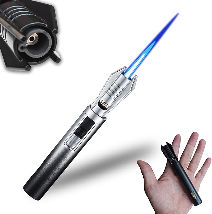 Torch Lighter - Windproof Jet Flame Refillable Butane Lighter with Adjustable Flame, Lightsaber Design, Visible Window, for Kitchen, Outdoor(Gas Not Include) (Black & White)