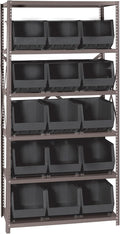 Quantum Storage Systems QSBU-260BK Giant Open Hopper Steel Shelving System, 18" D x 36" W x 75" H, with 6 Shelves and 15 QUS260 Bins, Black