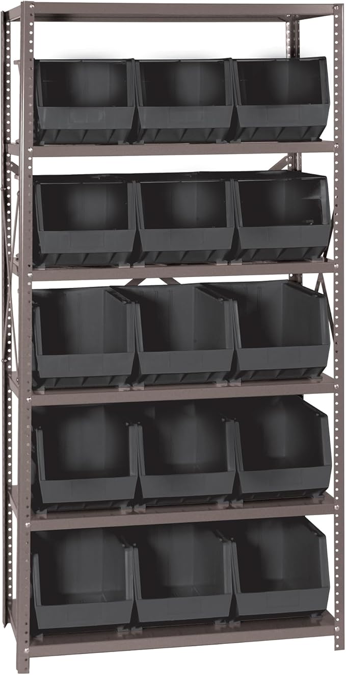 Quantum Storage Systems QSBU-260BK Giant Open Hopper Steel Shelving System, 18" D x 36" W x 75" H, with 6 Shelves and 15 QUS260 Bins, Black