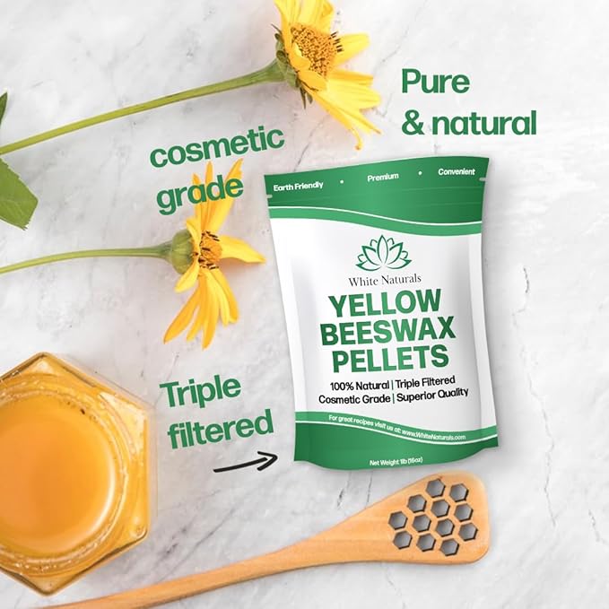 White Naturals Yellow Beeswax Pellets 1lb (16oz), Pure, Natural, Cosmetic Grade, Organic, Bees Wax Pastilles, Triple Filtered, Great For Candle Making, Soap, Food Wrap, DIY Lip Balms, Lotions