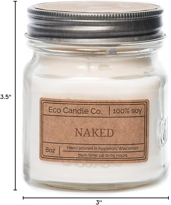 ECO CANDLE CO. Mason Jar Candle, Naked, 8 oz. - Unscented - 100% Soy Wax, No Lead, Kraft Label & Antiqued Pewter Lid, Hand Poured, Phthalate Free, Made from Midwest Grown Soybeans, All Natural Wicks