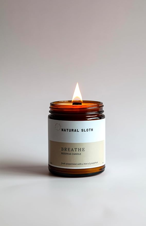 Breathe Natural Sloth 9 oz Beeswax Candle with Pure Essential Oils, Non-Toxic, Made Safe® Certified, Wooden Wick, Clean Burning (Breathe)