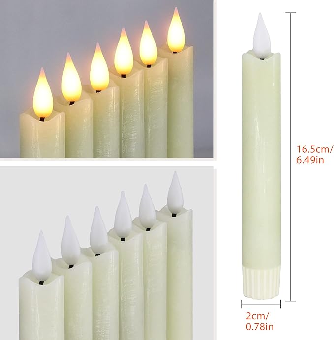 PChero Flameless Flickering Taper Candles with Remote Timer and Dimmer, 6.4 Inch Real Wax Ivory LED Candlesticks Battery Operated for Halloween Christmas Home Wedding Decor