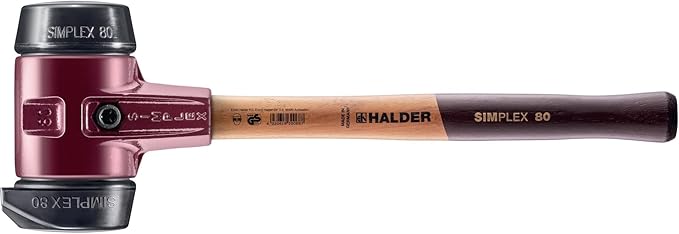 Halder Simplex Soft-Faced Mallet 3022.280 – Medium-Hard "Stand-Up" Rubber Inserts, Cast Iron Housing with Handle Protection Sleeve, Varnished Wooden Handle, 80mm, 6.4 lbs.