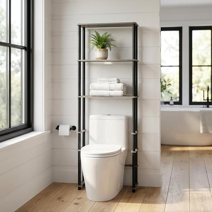 Furnifact French Oak Grey Black Toilet Space Saver with 3 Shelves, Wall-Mount Design, Modern Style, Durable Material, Ideal for Bathroom Storage
