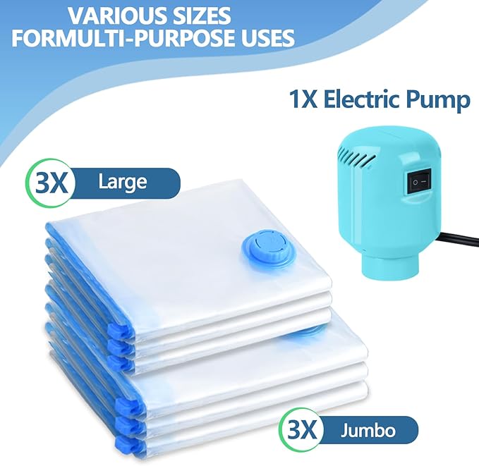 kissleaf Vacuum Storage Bags with Electric Air Pump, 6 Pack (3 Jumbo, 3 Large) Fast Deflating Double Zip Seal Space Saver Bag for Clothes, Mattress, Blanket, Duvets
