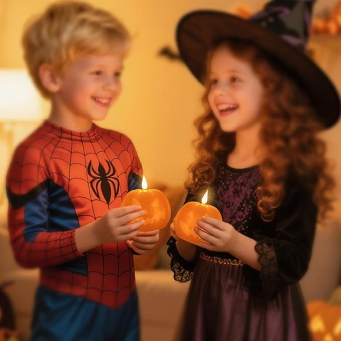 Rechargeable Flameless Candle, Flameless Pumpkin Candle with Timer & Remote,LED Real Wax Pumpkin LED Candles,Halloween Decorations, 1 Set of 2