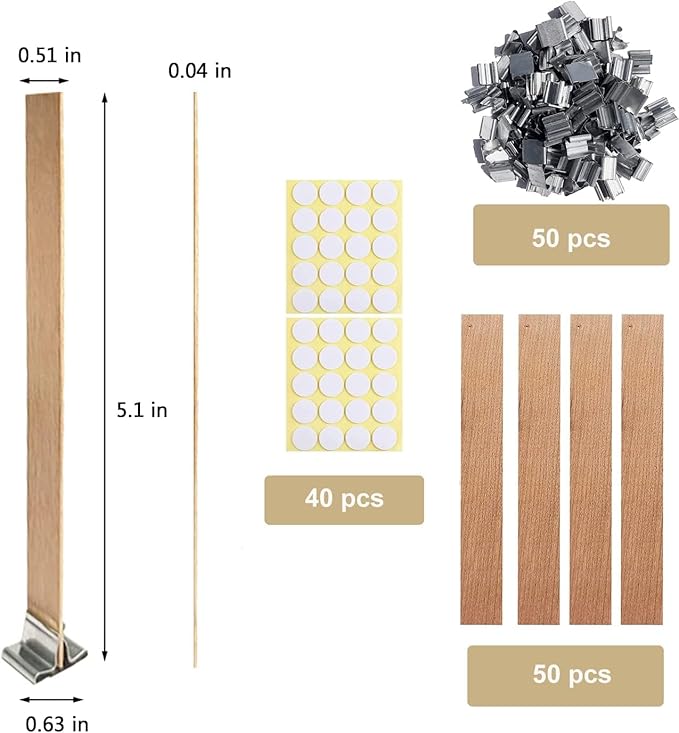 120 PCS Wooden Candle Wicks - 1mm Thick Natural Wood With Wick Stickers & Clips for DIY Candle Making