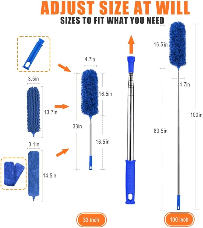Professional Microfiber Feather Dusters for Cleaning, 6PCS Extendable Bendable Dusters with 100" Telescopic Pole, Washable & Reusable Cleaning Kit for Ceiling Fans, Blinds, Hard-to-Reach Areas (Blue)