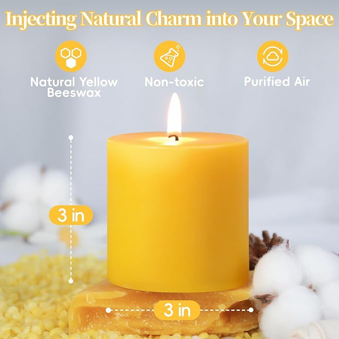 4 Pack Natural Beeswax Pillar Candles,100% Pure Beeswax Candle,200 Hours Long Burning Smokeless Organic Bees Wax for Home, Bee Pillar Candles Bulk for Relax, Emergency, Non-Toxic & Unscented