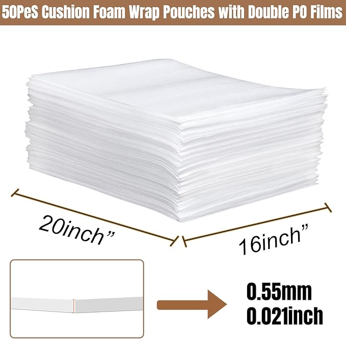50 Pack 16'' x 20'' Large Cushion Foam Pouches, Foam Wrap Pouches for Extra Protect Fragile Items, Cushioning Packing Foam Pouches for Shipping, Moving and Storage(400x500x0.5MM)