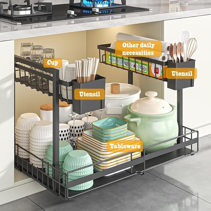 Expandable Under Sink Organizer with 3-Level Height Adjustment,2 Tier Under Sink Organizer Pull-Out Under Sink Drawers Cabinet Organizer for Kitchen & Bathroom Storage,Black