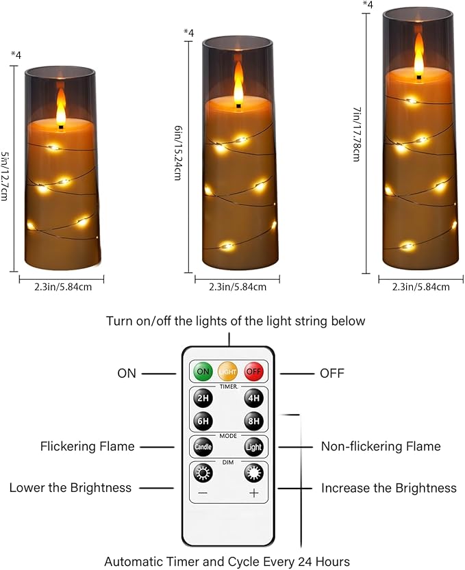 Sasigeiaa Flameless Candles with Embedded Star String - Battery Operated LED Candles, with Remote,12 Grey Flickering Candles for Christmas, Weddings, Home Decor & Party,(D 2.3"×H 5" 6" 7")