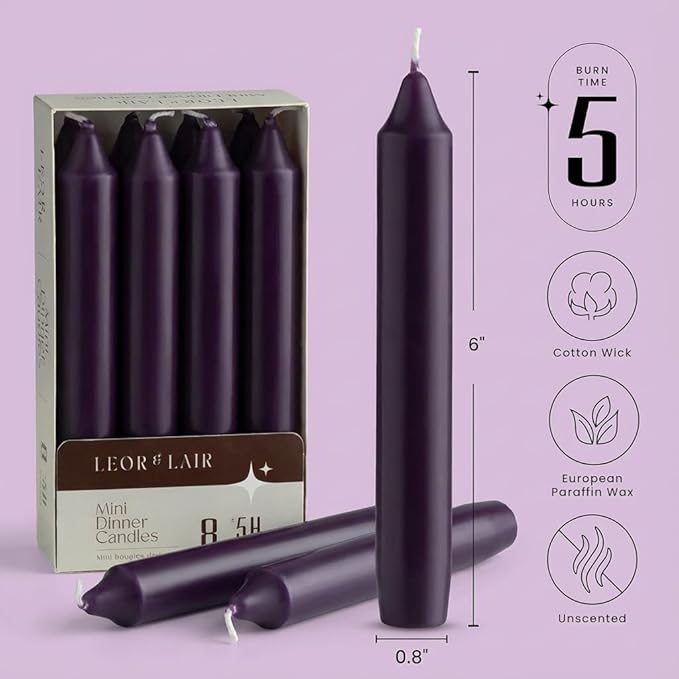 Leor & Lair Dark Purple Candlesticks – Pack of 8 Unscented 6 Inch Candles with Cotton Wick – 5 Hour Burn Short Taper Candles for Elegant Dinners & Home Décor