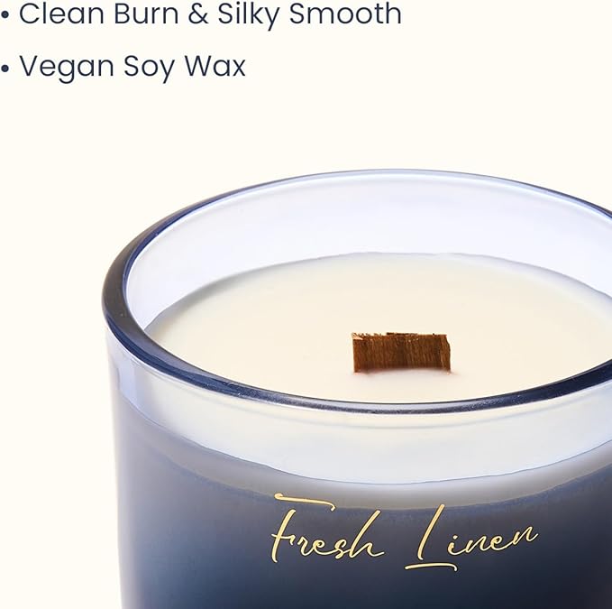 M&SENSE 9.88oz Natural Soy Wax Jar Candle with Wooden Wick | Fresh Linen Scent | 55-Hour Burn & Long-Lasting Burn | Housewarming Gift for Men and Women