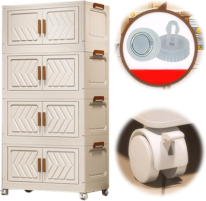 4-Tier Stackable Storage Bins with Lids 94QT Plastic Large Collapsible Storage Containers with Wheels and Magnetic Doors Foldable Closet Organizers for Bedroom Dorm Garage Home Office, White