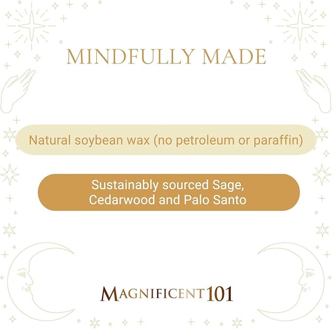 MAGNIFICENT 101 Palo Santo & Sage Cedar Candle for Abundance - 6 Oz Tin, White, I Align with Abundance - 35 Hr Burn & Soy Wax Aromatherapy - Energy Cleansing Meditation Smudge Candle