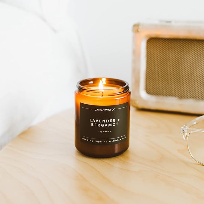 Calyan Wax Co. Lavender & Bergamot Scented Candle - 57 Hour Burn - Luxury Non Toxic Soy Wax Candles - Long Lasting Amber Glass Jar Candle for Home - 7.2oz