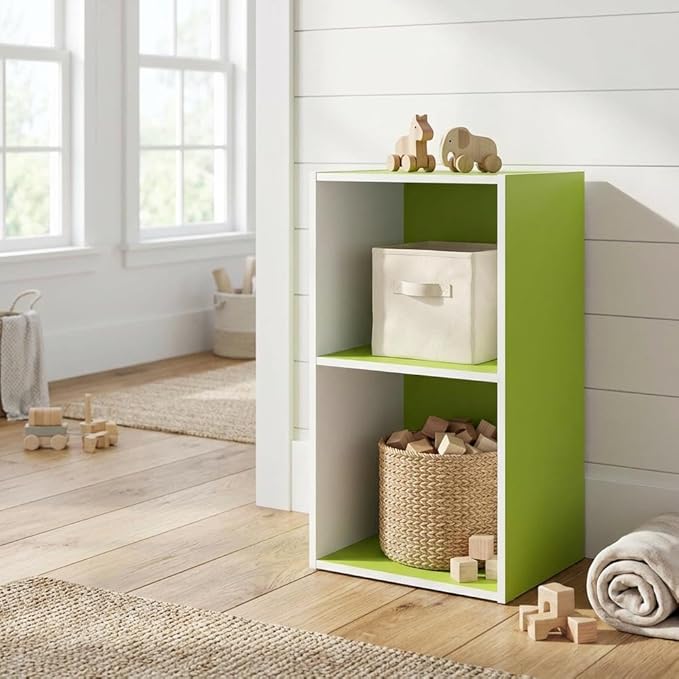 Furnifact Green White 2-Tier Open Shelf Bookcase with Wood Material, Modern Design, Space-Saving Storage Solution for Living Room and Office