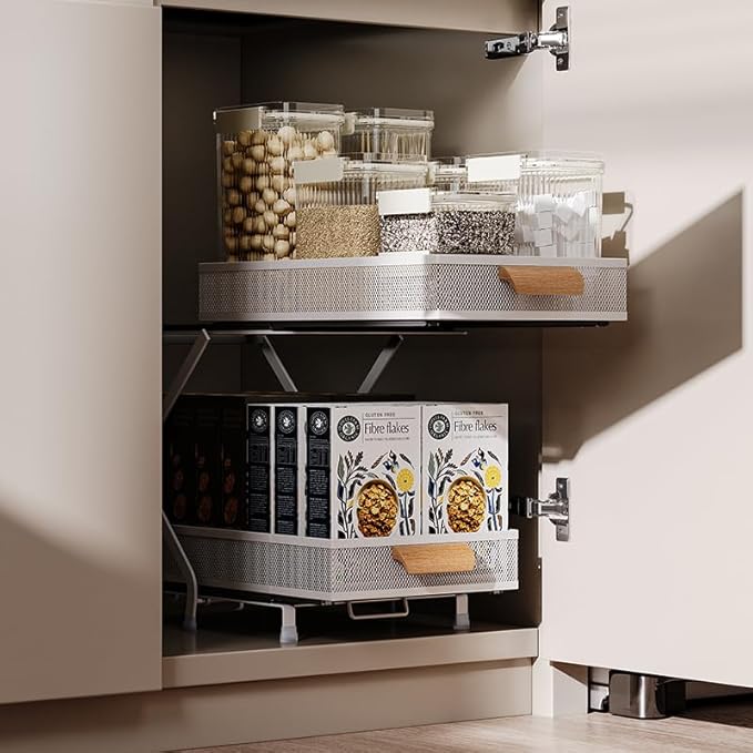 Carbon Steel Pull out Cabinet&Drawer Organizer,Adjusted to 3 different heights(12.4“&14.8”&16.4“),2 Tier Sliding Drawers for Kitchen,Bathroom,Office,Makeup Crafts, Condiment Pull-out basket