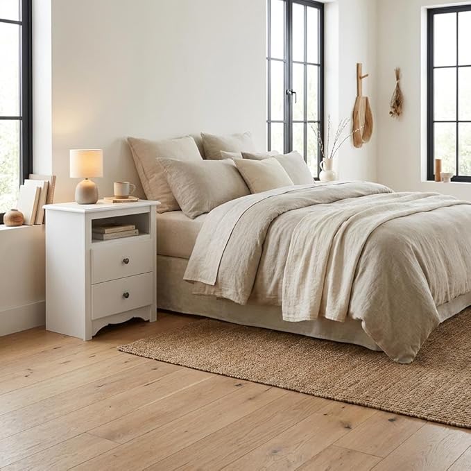 Furnifact White Tall Nightstand, 2 Drawers, Open Shelf, Stylish Bedroom Storage, Durable, Modern Design, Ideal for Compact Spaces