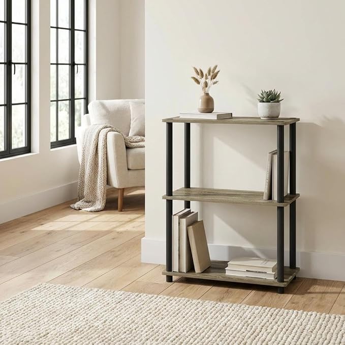 Furnifact French Oak Black Bookcase, Stylish Wood Design, Single piece Construction, Durable and Modern for Home or Office Storage