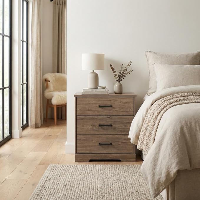 Furnifact Gray Nightstand Bedside Table, Farmhouse End Table with 3 Drawers, Laminate Finish, Rectangular Shape, One Size, Modern Bedroom Storage