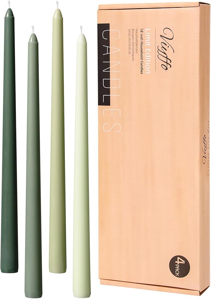Viyffo 12 Inch Green Taper Candles 4 Pack Unscented Smokeless Long Tall Tapered Candles for Candlesticks Sticks Wedding Home Decor Dinner