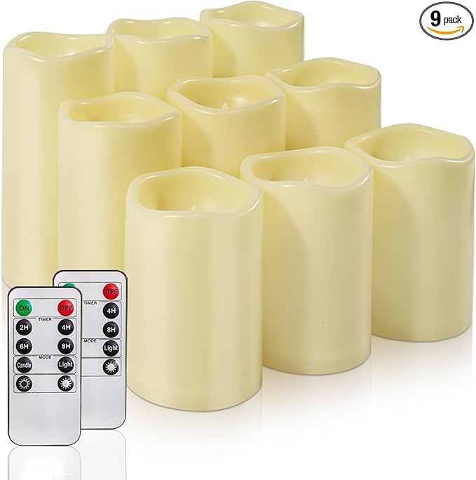 Homemory 9 Pack Flameless Candles, Outdoor Waterproof, Battery Operated LED Pillar Candles with Remote Control and Timer, Plastic, Long Lasting