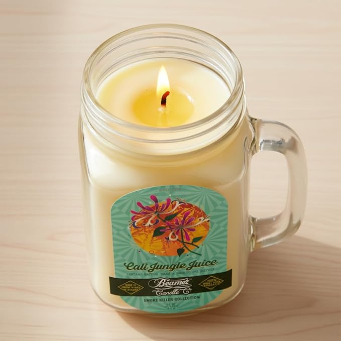 Cali Jungle Juice Candle – Odor Eliminating, Strong Scent – Honeysuckle Floral – Long Lasting 90 Hour Burn – Large 12oz Mason Jar – Made in USA – Beamer Candle Co.