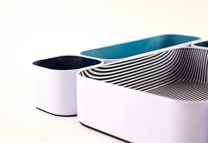 Three by Three Seattle 10 Piece Metal Organizer Tray Set for Storing Makeup, Stationery, Utensils, and More in Office Desk, Kitchen and Bathroom Drawers (2 Inch, Assorted Blue and Stripes)