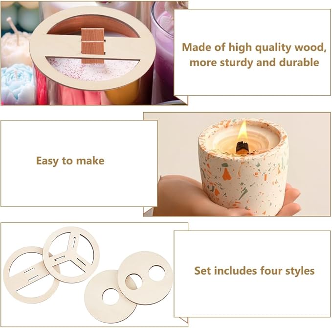 BENECREAT 8 Pcs 4 Styles Wooden Wick Centering Tool, 2.95 Inch Engraved Patterned Wick Holder, Candle Wick Stabilizer for Candle Making DIY