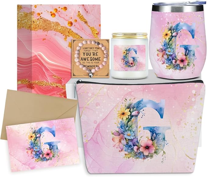 Personalized Gifts Monogrammed Birthday Gifts for Women, Her Employee Housewarming Christmas Initial Wine Tumbler Makeup Bag Scented Candle Bracelet Set, (Aesthetic Pink Flower G)