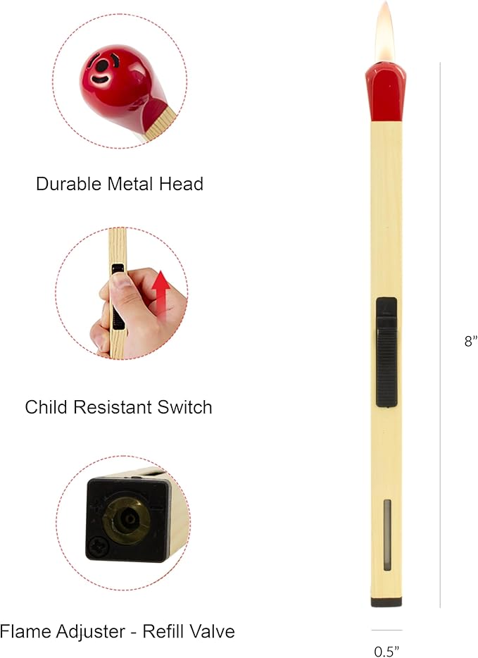 Match Shape Candle Lighter - Slim Butane - Gas Refillable - Long Reach (8" Long, 2 Lighter)