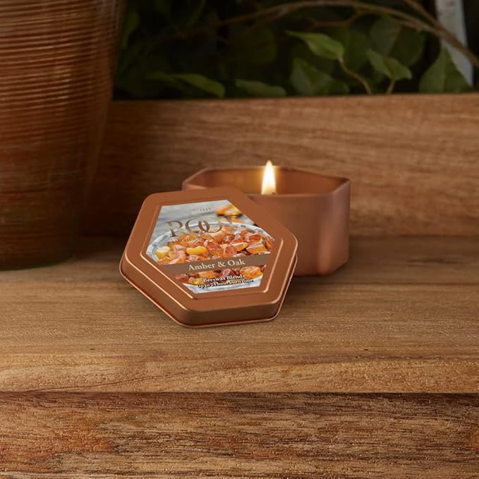Root Candles Scented Candles in Travel Tin 24-Hour Honeycomb Traveler Handcrafted Beeswax Blend Candle, 4-Ounce, Amber & Oak