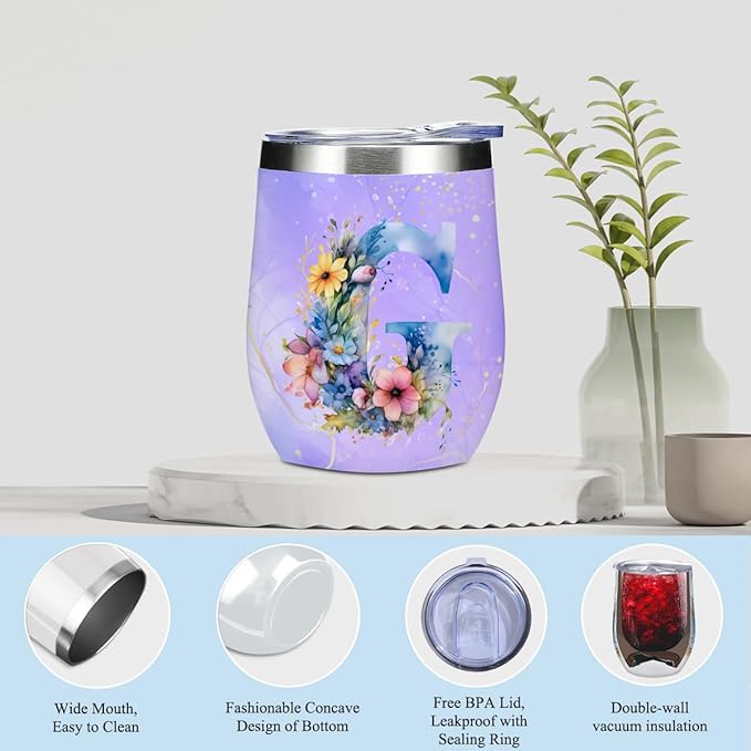 Personalized Gifts Monogrammed Birthday Gifts for Women, Her Employee Housewarming Christmas Initial Wine Tumbler Makeup Bag Scented Candle Bracelet Set, (Aesthetic Purple Flower G)