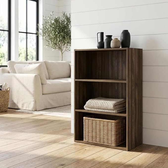 Furnifact Columbia Walnut Open Shelf Bookcase with 3-Tier Design, Durable Wood Construction for Home Office, Living Room Storage and Organization