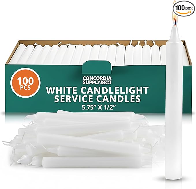 Concordia Supply Church Candles for Candle Light Service Vigil - 5.75" x 1/2" Bulk White Candles for Memorial, Congregational, Shabbat, Wedding, Communion, Baptism & Christmas Ceremonies - Box of 100