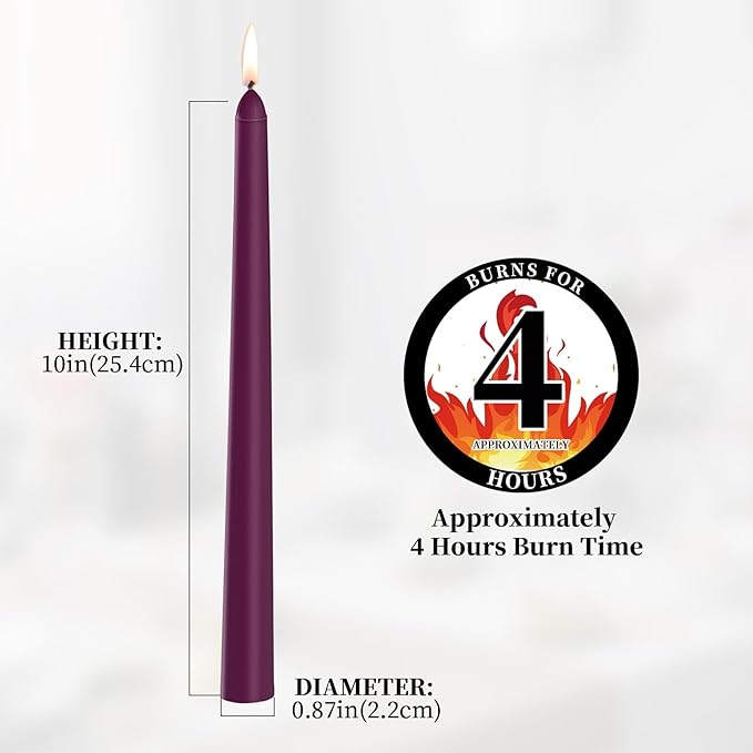 KONNI 0.87×10 Inch Purple Taper Candles, Unscented and Smokeless Tall Candlesticks, 10 Pack Tapered Candles with Cotton Wicks, Long Burning, Ideal for Weddings, Dinner Parties, and Home Décor