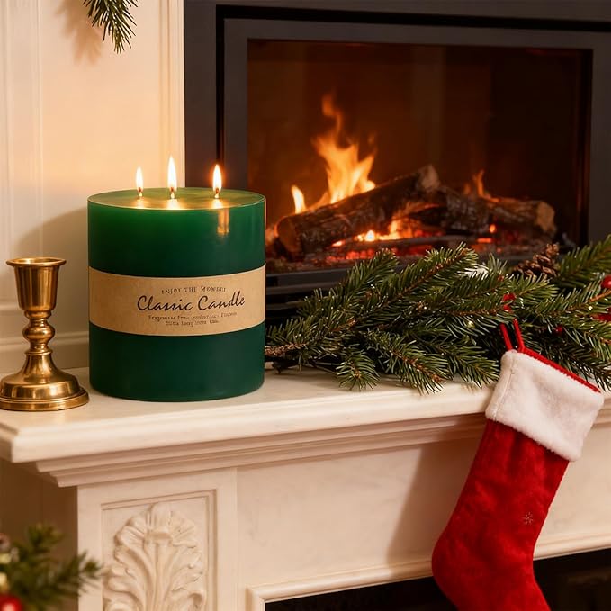 Large 3-Wick Green Pillar Candle - 6x6 Inch Dripless & Smokeless Unscented Fat Candle, 120 Hour Long Burning Hand-Poured Thick Candle with Cotton Wicks