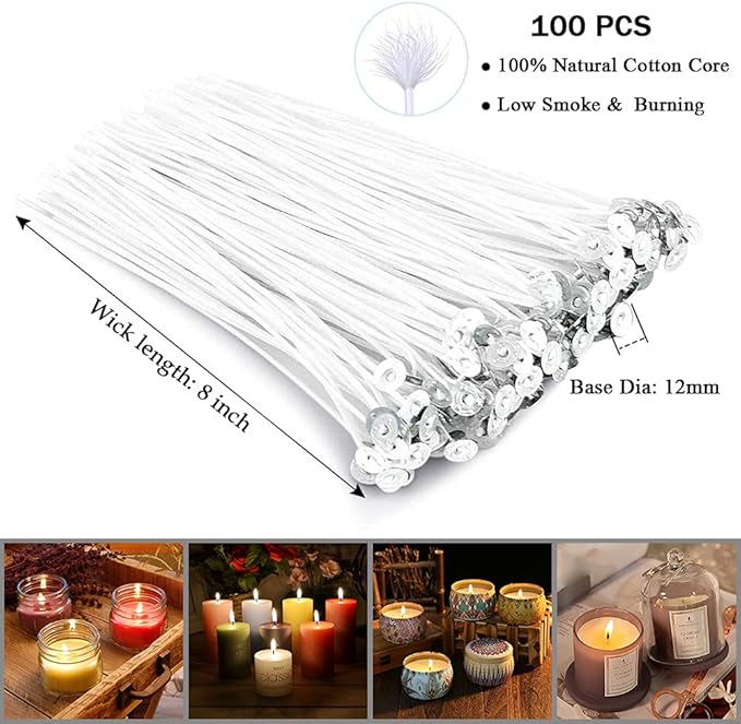 Antunihood Bulk Candle Wicks 100 Pcs with 60Pcs Candle Wick Stickers and 10 Pcs Wooden Candle Wick Centering Device for Soy Beeswax Candle Making (8inch)
