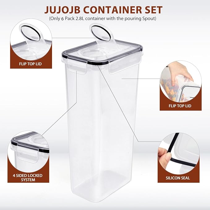 JUJOJB 64 PCS Airtight Food Storage Containers With Lids BPA Free,6 Pack With Pouring Spout Cereal Containers Storage for Kitchen Pantry Organization and Storage,Dishwasher safe,Labels Marker