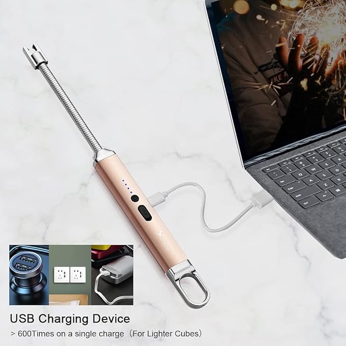 SUPRUS Lighter Rechargeable USB Lighter Arc Electric Lighetrs with Safety Switch 360° Flexible Neck Flameless Grill Long Lighters for Candle Camping Cooking (Black+Champagne Gold)