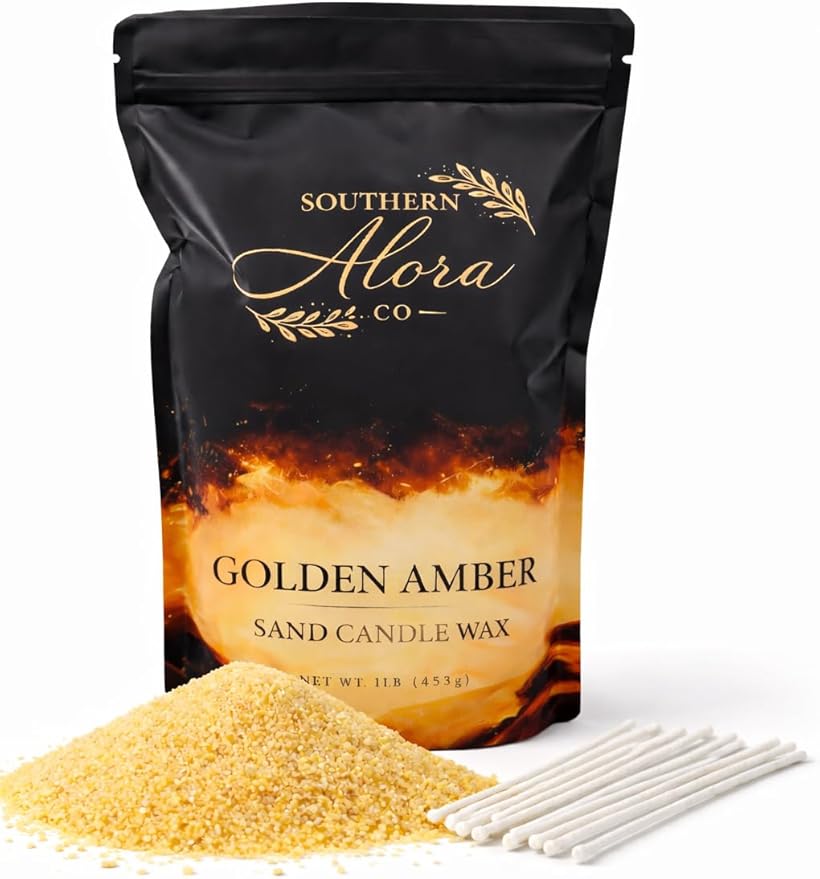 Candle Sand with 10 Wicks – 1 LB Refillable Sand Candle Wax for DIY Candles, Wedding Centerpieces, Home Decor – Golden Amber