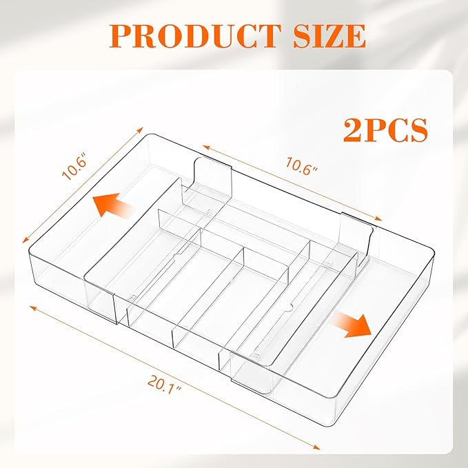 Briwooody 2 Pcs Large Expandable Acrylic Drawer Organizers, Grid Adjustable Drawer, Dividers Organizer for Desk, Makeup, Jewelry, Office, Kitchen Supplies (Clear,8 Compartments)