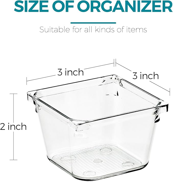 6 Pack Drawer Organizer - 3" X 3" Clear Acrylic Storage Bins with Non-Slip Pads, Versatile Desk Tray for Makeup, Jewelry, Kitchen, Bathroom, and Office Organization
