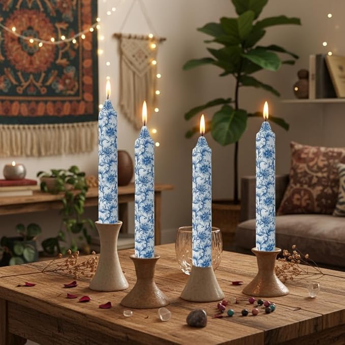 9 Inch Blue and White Thick Taper Candles Hand Poured Smokeless Unscented Clean Burning Chinoiserie Floral Candles for Wedding Centerpiece Nautical Ceremony Tall Candle Sticks